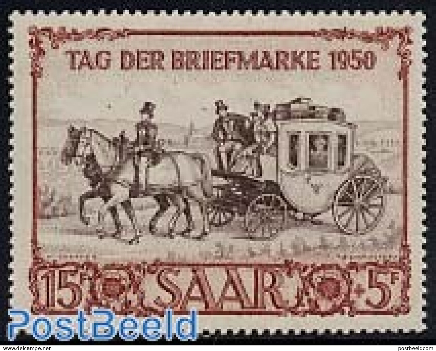 Germany, Saar 1950 Ibasa Stamp Exposition 1v, Mint NH, Nature - Transport - Horses - Stamp Day - Coaches - Stamp's Day