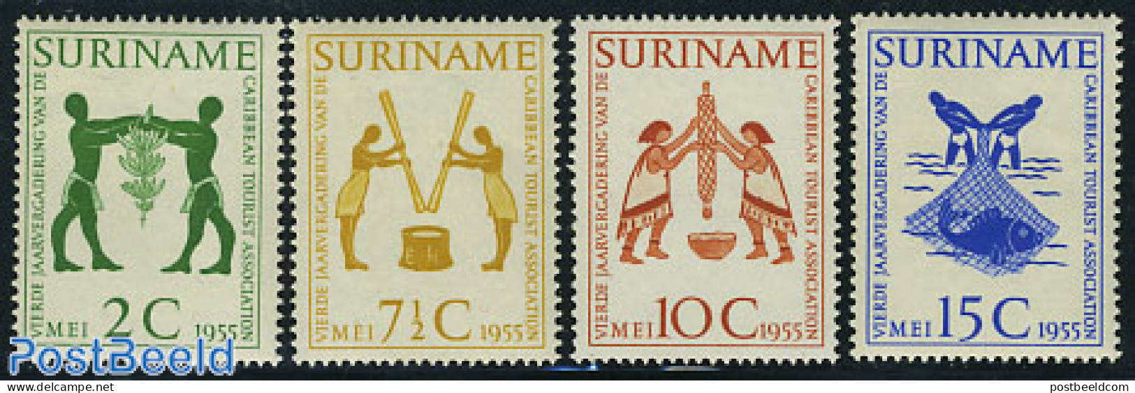 Suriname, Colony 1955 Food 4v, Unused (hinged), Health - Nature - Food & Drink - Fishing - Fruit - Alimentation