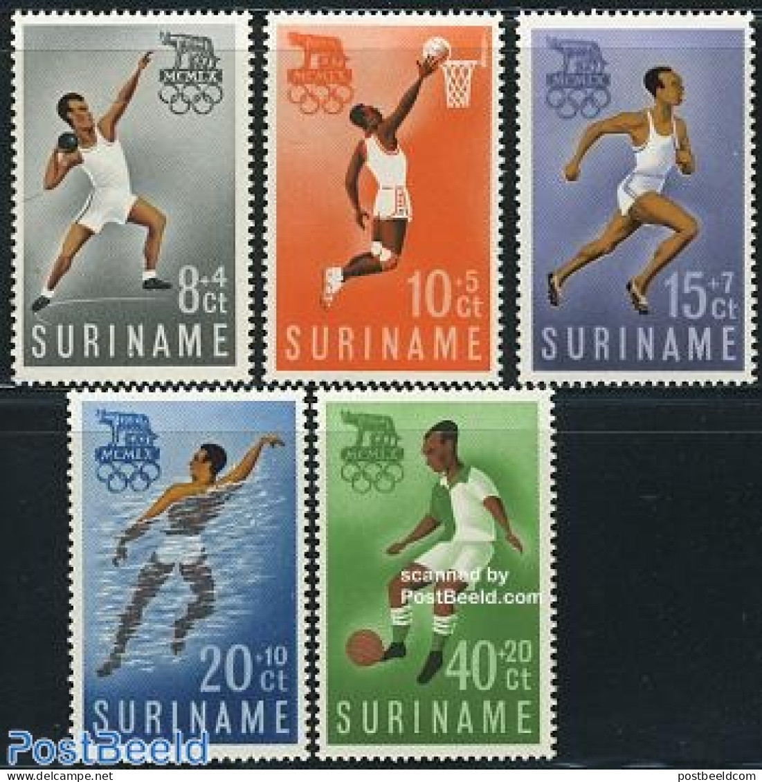 Suriname, Colony 1960 Olympic Games Rome 5v, Mint NH, Sport - Basketball - Football - Olympic Games - Swimming - Basketbal