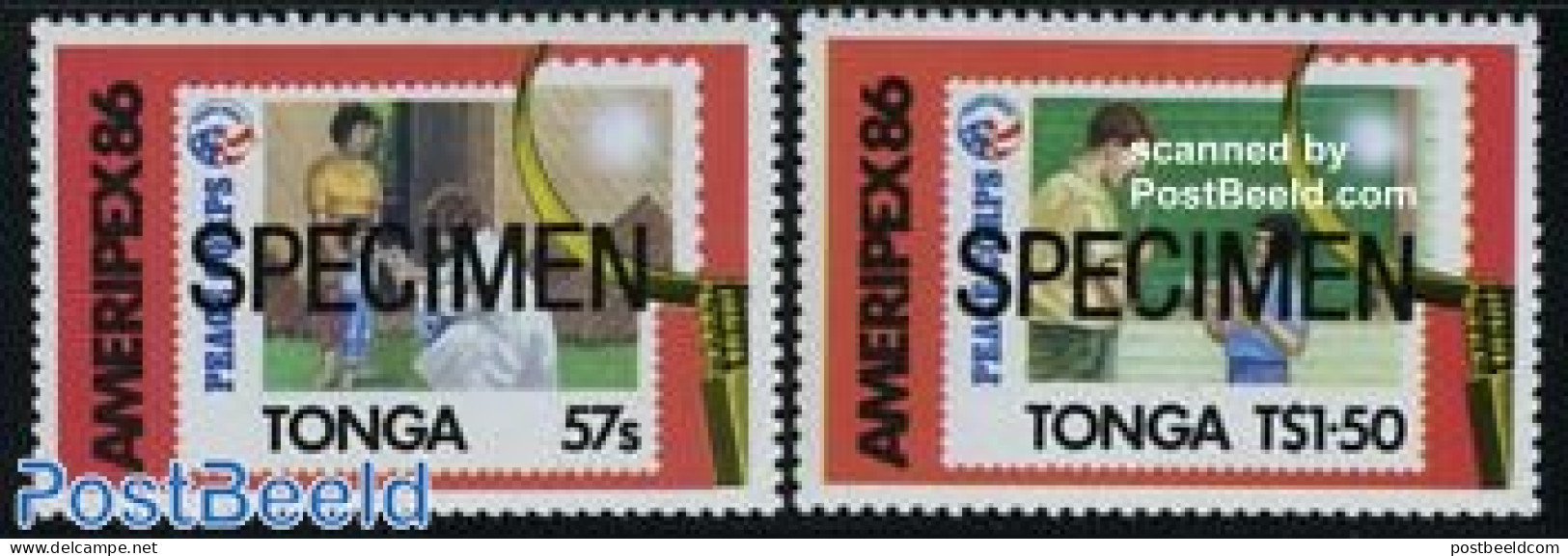 Tonga 1986 Ameripex 2v SPECIMEN, Mint NH, Stamps On Stamps - Briefmarken Auf Briefmarken