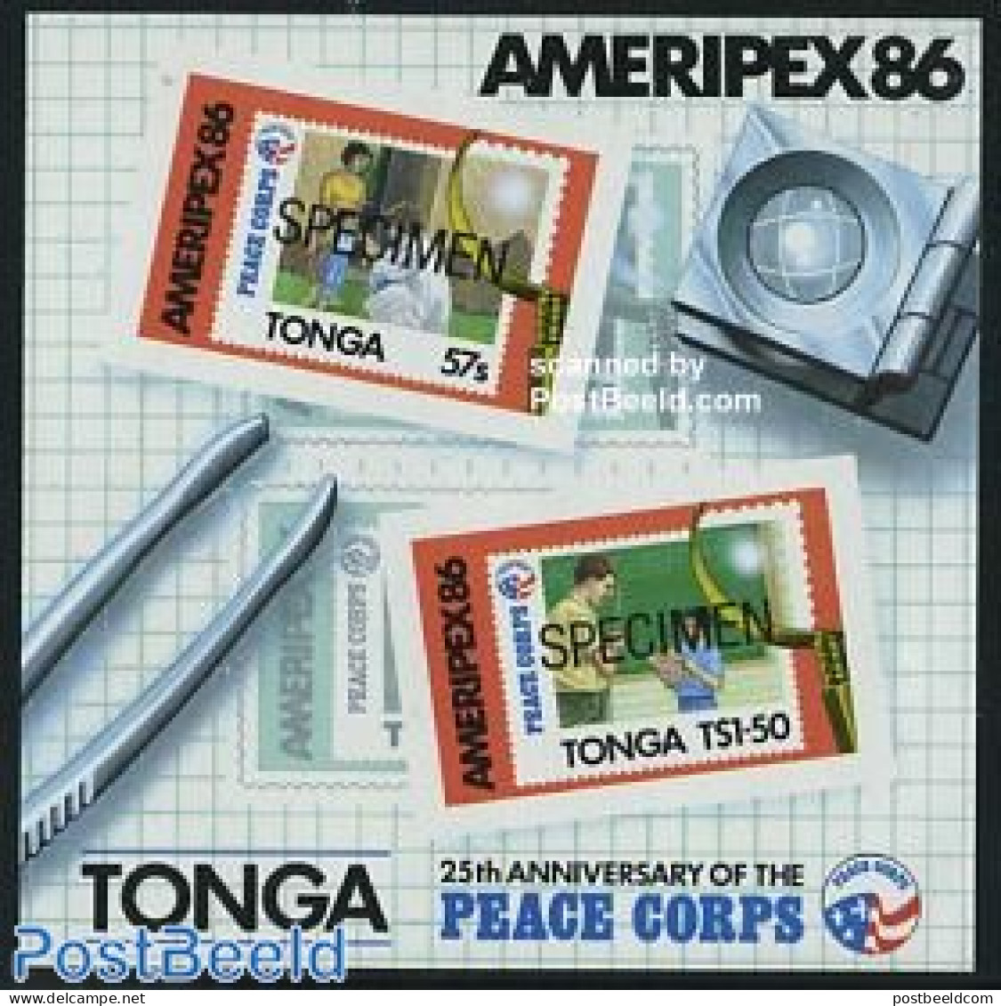 Tonga 1986 Ameripex S/s SPECIMEN, Mint NH, Stamps On Stamps - Francobolli Su Francobolli