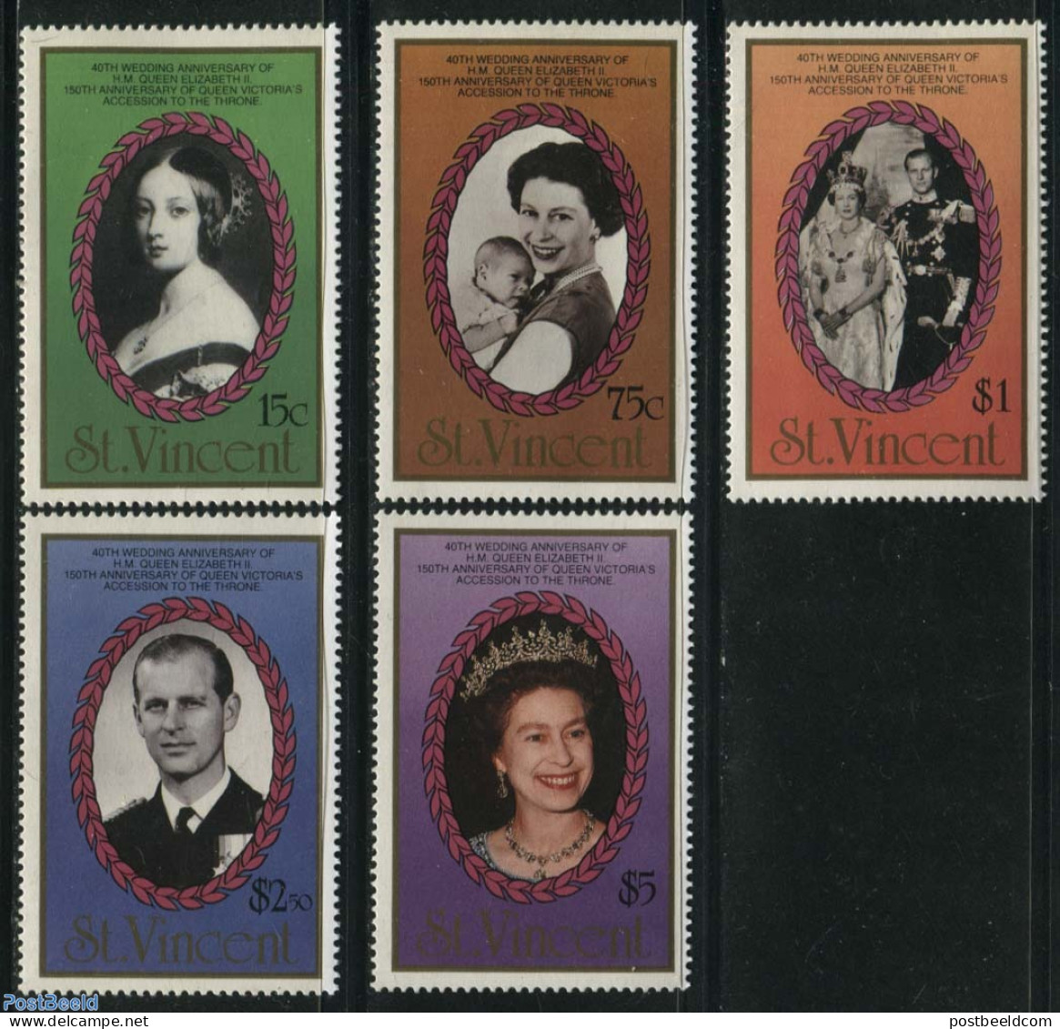 Saint Vincent 1987 Elizabeth Wedding Anniversary 5v, Mint NH, History - Kings & Queens (Royalty) - Familias Reales