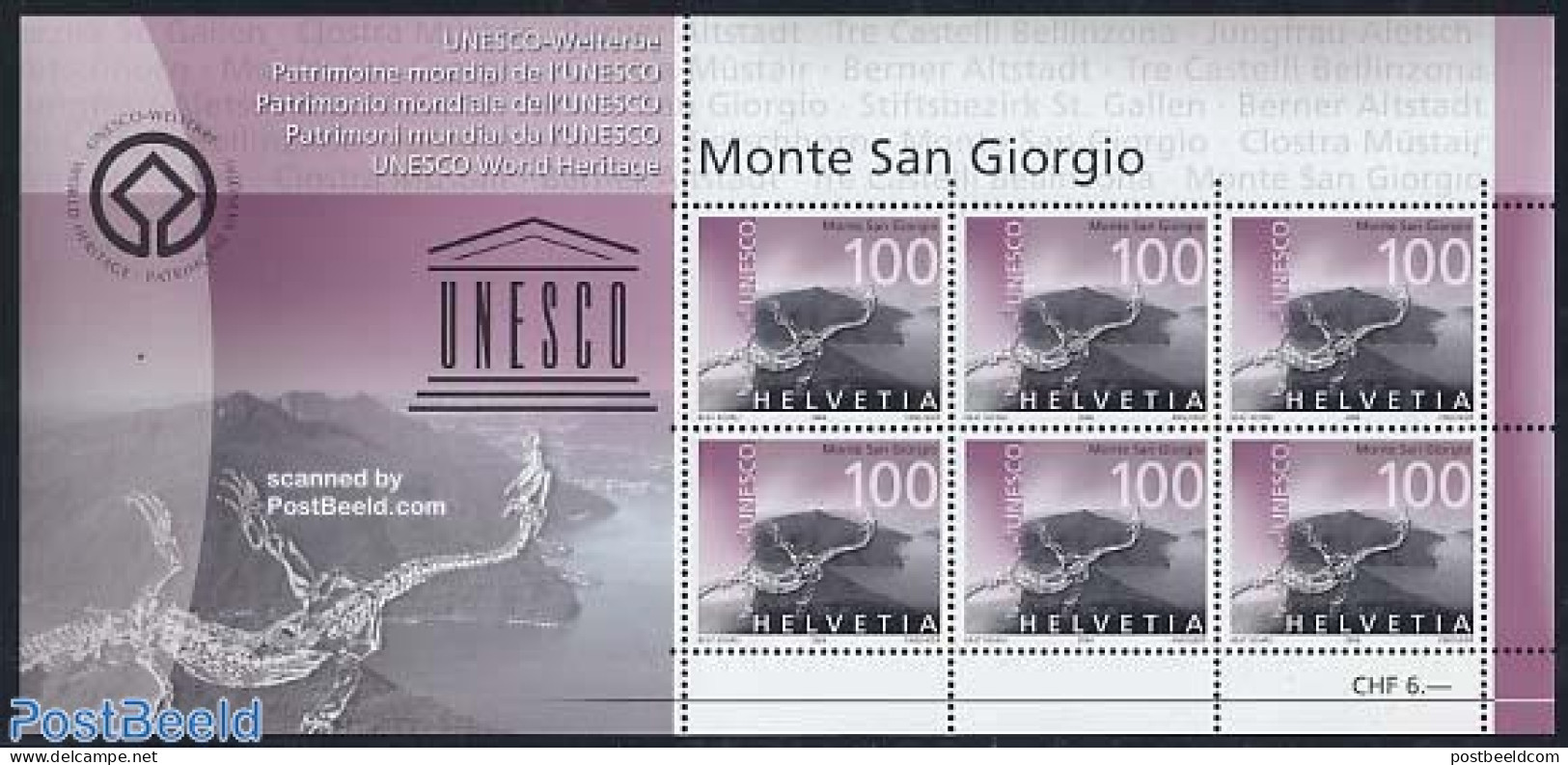 Switzerland 2004 Monte San Giorgio M/s, Mint NH, Nature - Sport - Prehistoric Animals - Mountains & Mountain Climbing - Unused Stamps