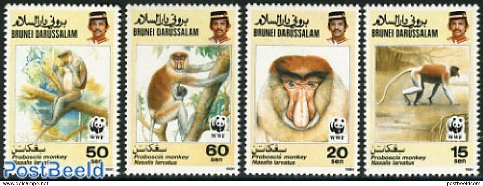 Brunei 1991 WWF, Monkeys 4v, Mint NH, Nature - Monkeys - World Wildlife Fund (WWF) - Brunei (1984-...)