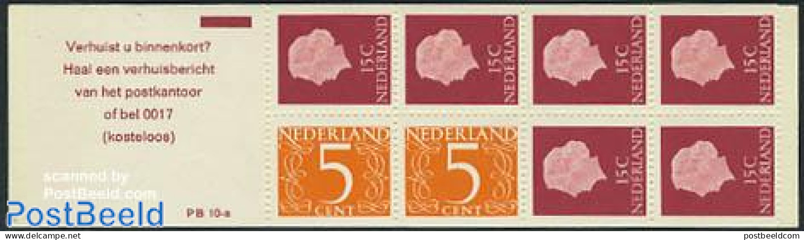 Netherlands 1971 2x5,6x15c Booklet, Normal Paper, Text: Verhuist U, Mint NH, Stamp Booklets - Unused Stamps