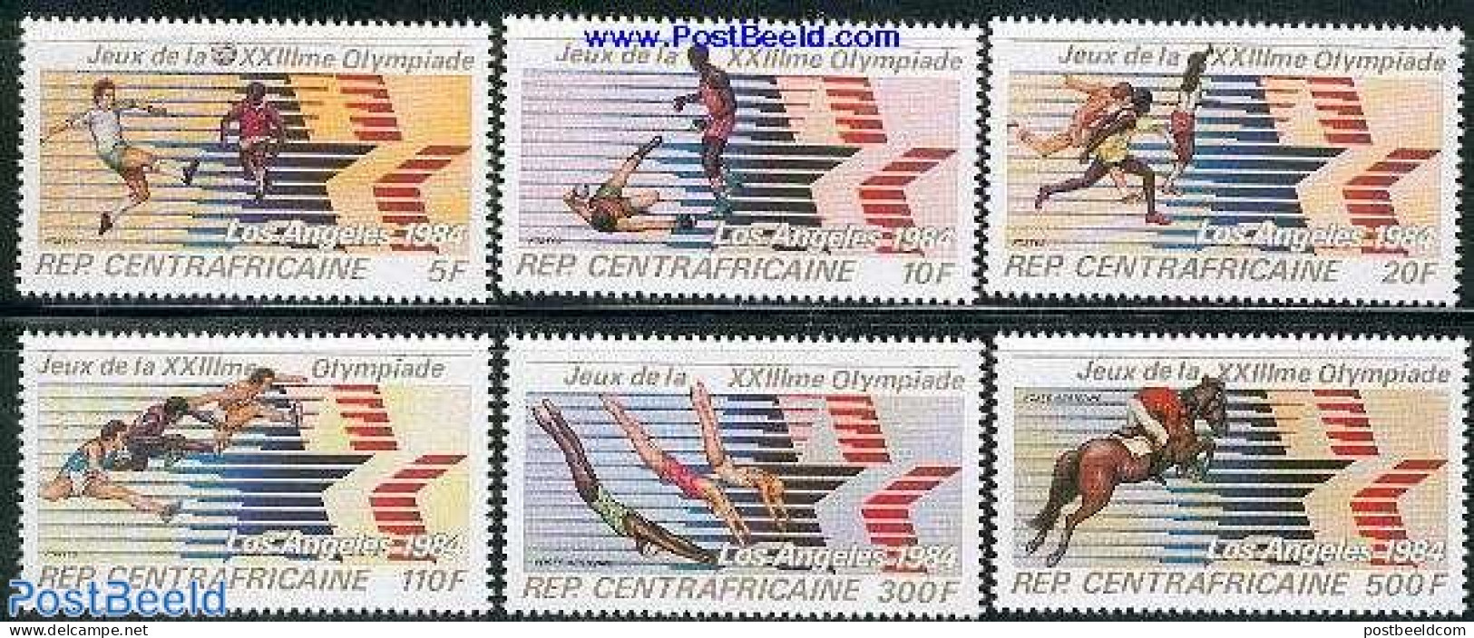Central Africa 1982 Olympic Games Los Angeles 6v, Mint NH, Nature - Sport - Horses - Athletics - Football - Olympic Ga.. - Atletiek