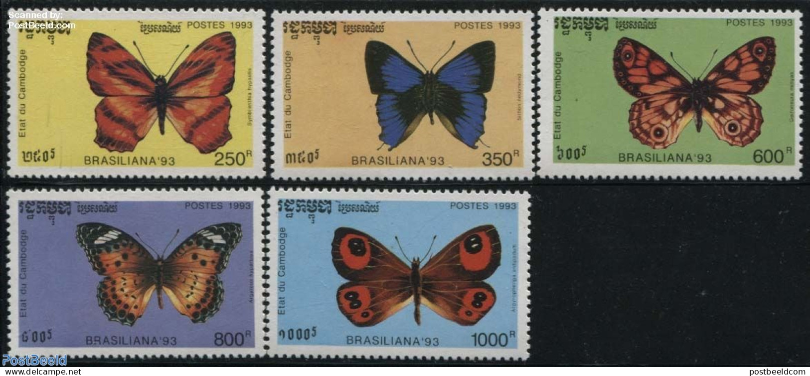 Cambodia 1993 Brasiliana, Butterflies 5v, Mint NH, Nature - Butterflies - Cambodia