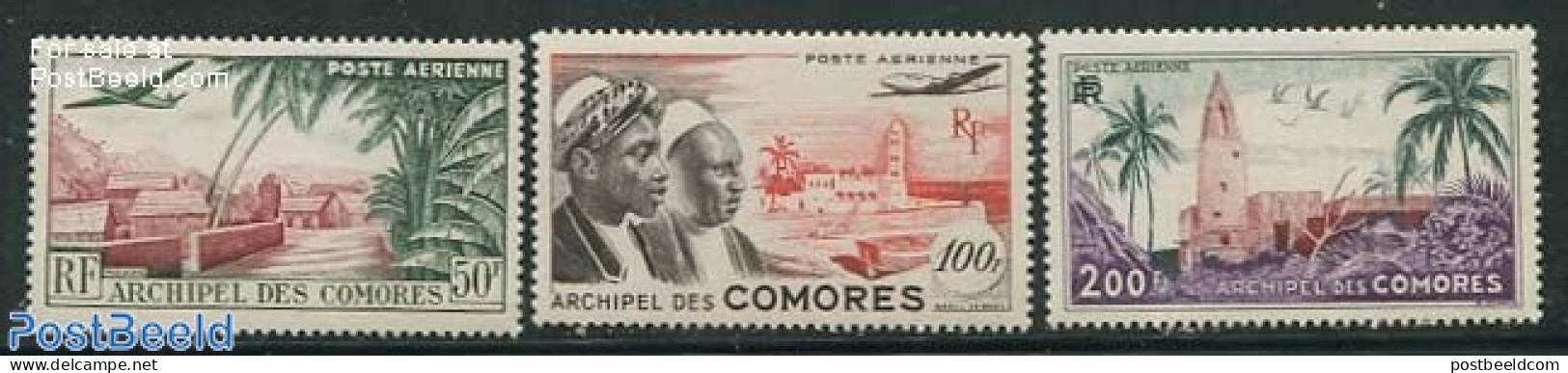 Comoros 1950 Airmail Definitives 3v, Mint NH, Religion - Transport - Churches, Temples, Mosques, Synagogues - Aircraft.. - Kerken En Kathedralen