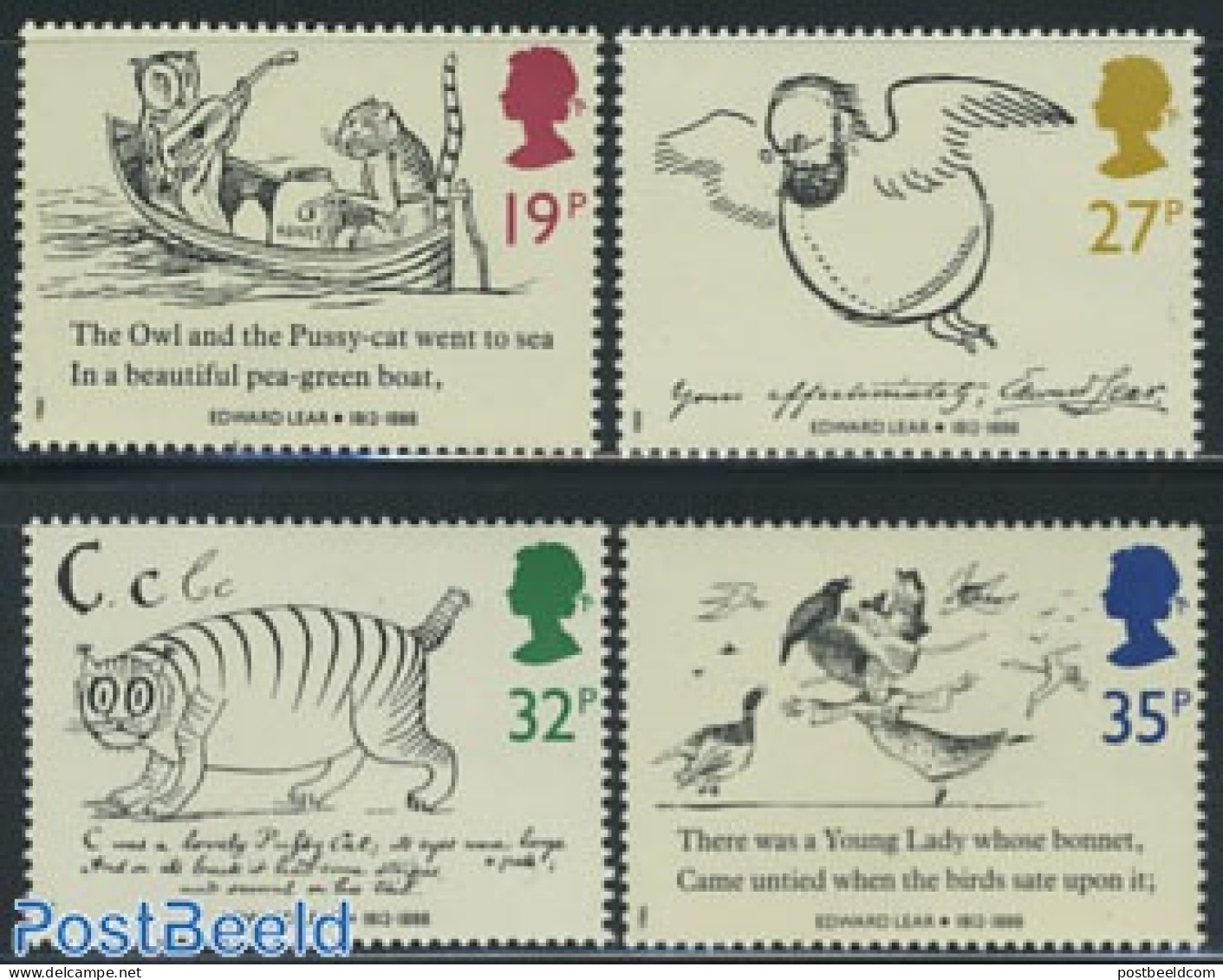 Great Britain 1988 Edward Lear 4v, Mint NH, Nature - Performance Art - Birds - Cats - Owls - Music - Art - Children's .. - Nuevos