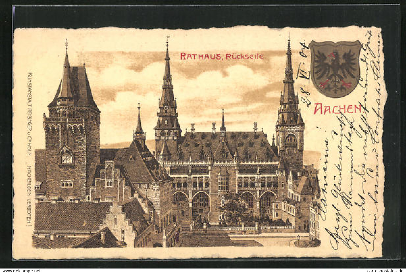 Lithographie Aachen, Rückseite Des Rathauses Mit Stadtwappen  - Aachen
