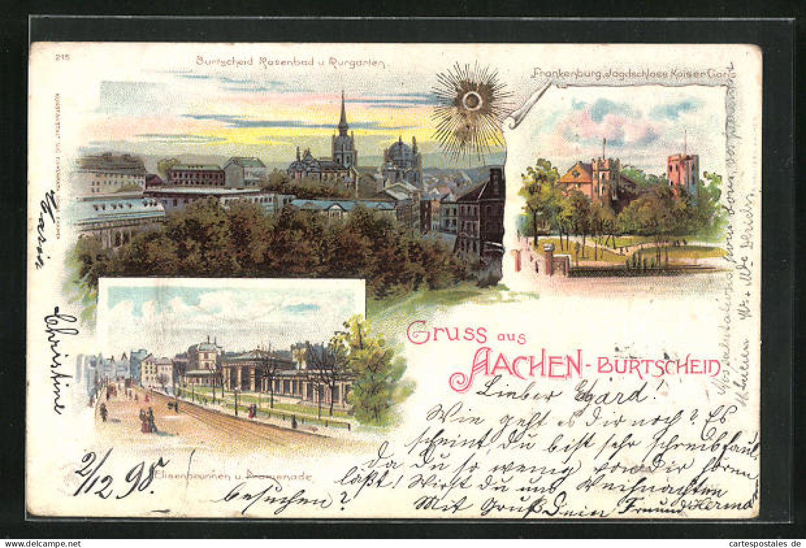 Sonnenschein-Lithographie Aachen, Elisenbrunnen, Rosenbad, Frankenburg  - Autres & Non Classés