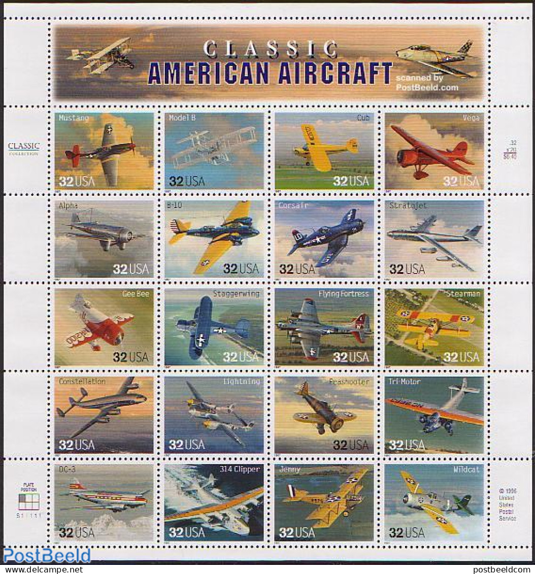 United States Of America 1997 Classic American Aircraft 20v M/s, Mint NH, Transport - Aircraft & Aviation - Nuovi