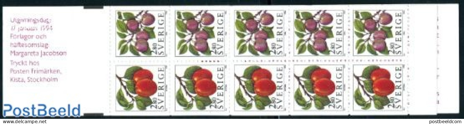 Sweden 1994 Fruits Booklet, Mint NH, Nature - Fruit - Stamp Booklets - Ongebruikt