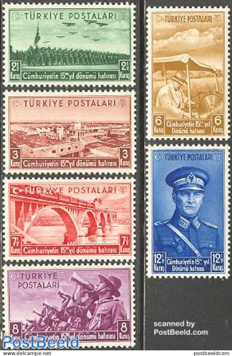 Türkiye 1938 Republic Anniversary 6v, Unused (hinged), Sport - Transport - Scouting - Railways - Art - Bridges And Tu.. - Other & Unclassified