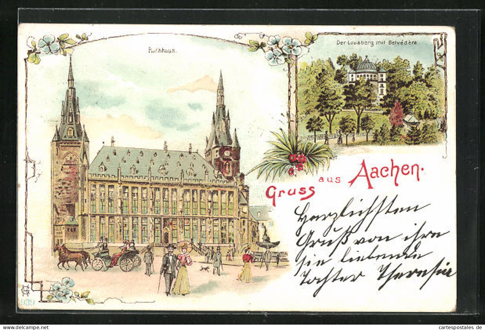 Lithographie Aachen, Rathaus, Lousberg Mit Belvédere  - Aken