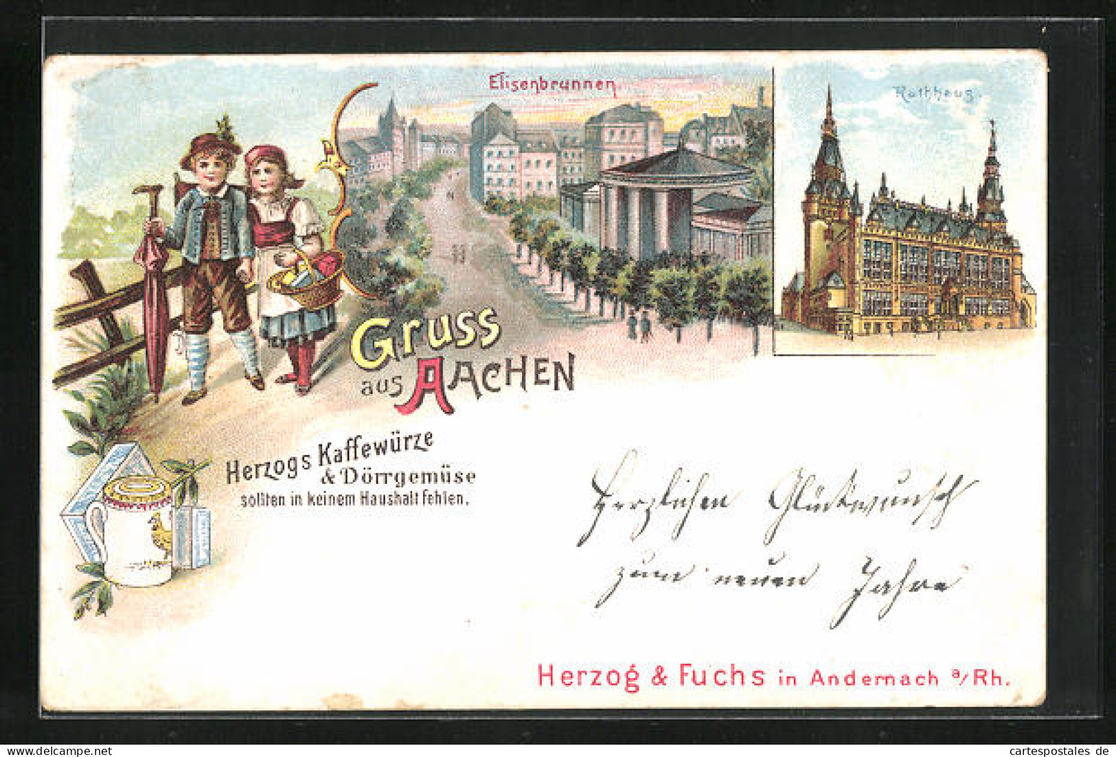 Lithographie Aachen, Elisenbrunnen Und Rathaus  - Aken