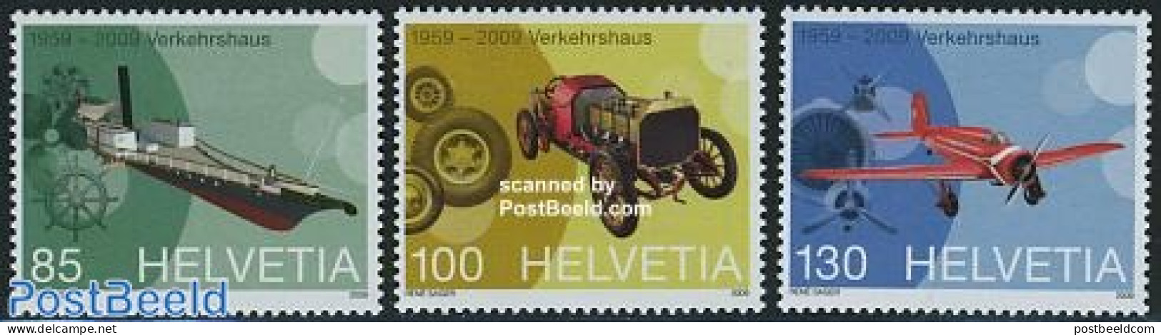 Switzerland 2009 50 Years Swiss Museum Of Transport 3v, Mint NH, Transport - Automobiles - Aircraft & Aviation - Ships.. - Unused Stamps