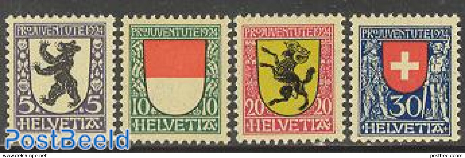 Switzerland 1924 Pro Juventute, Coat Of Arms 4v, Mint NH, History - Nature - Various - Coat Of Arms - Bears - Uniforms - Ongebruikt