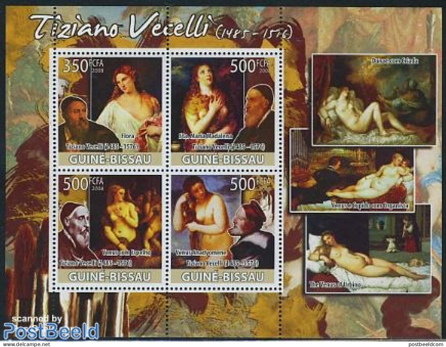 Guinea Bissau 2008 Tiziano 4v M/s, Vecelli, Mint NH, Art - Nude Paintings - Paintings - Guinée-Bissau