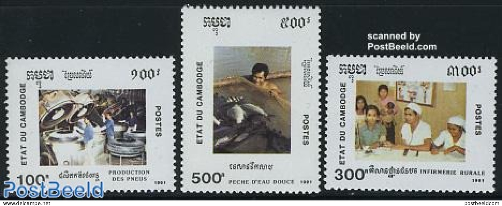 Cambodia 1991 National Day 3v, Mint NH, Health - Transport - Various - Food & Drink - Ships And Boats - Agriculture - Ernährung