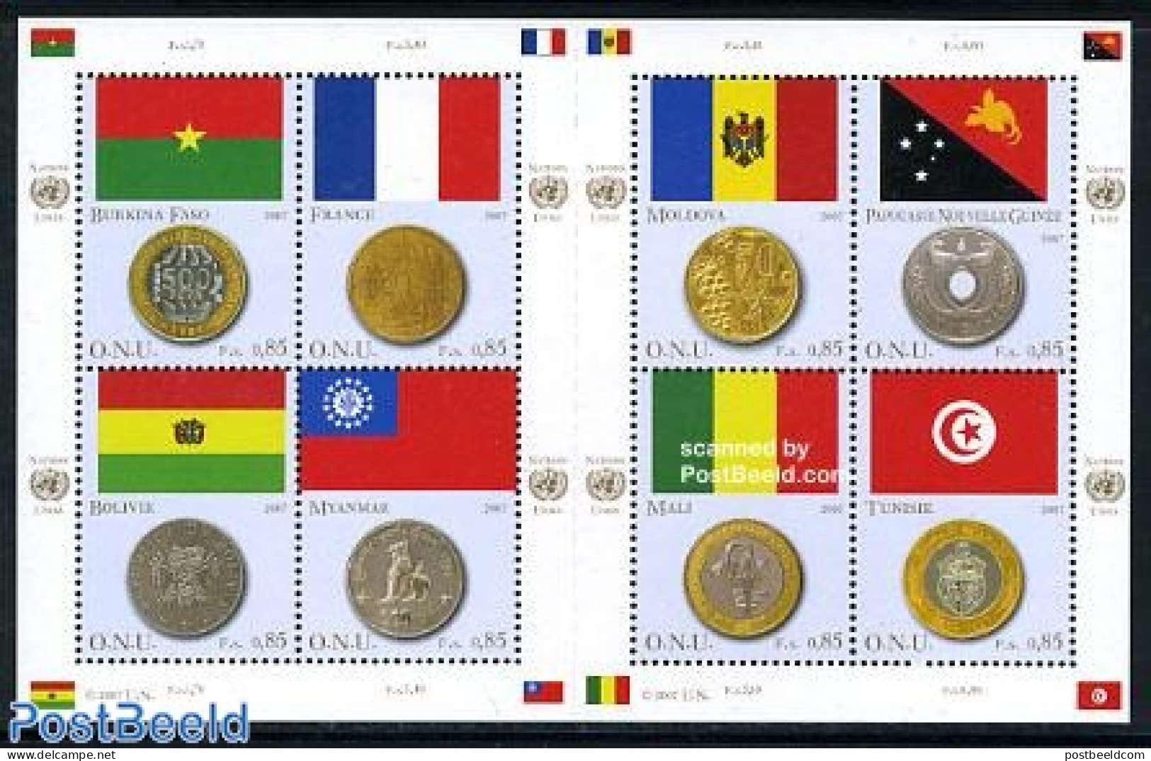 United Nations, Geneva 2007 Flags & Coins 8v M/s, Mint NH, History - Various - Flags - Money On Stamps - Münzen