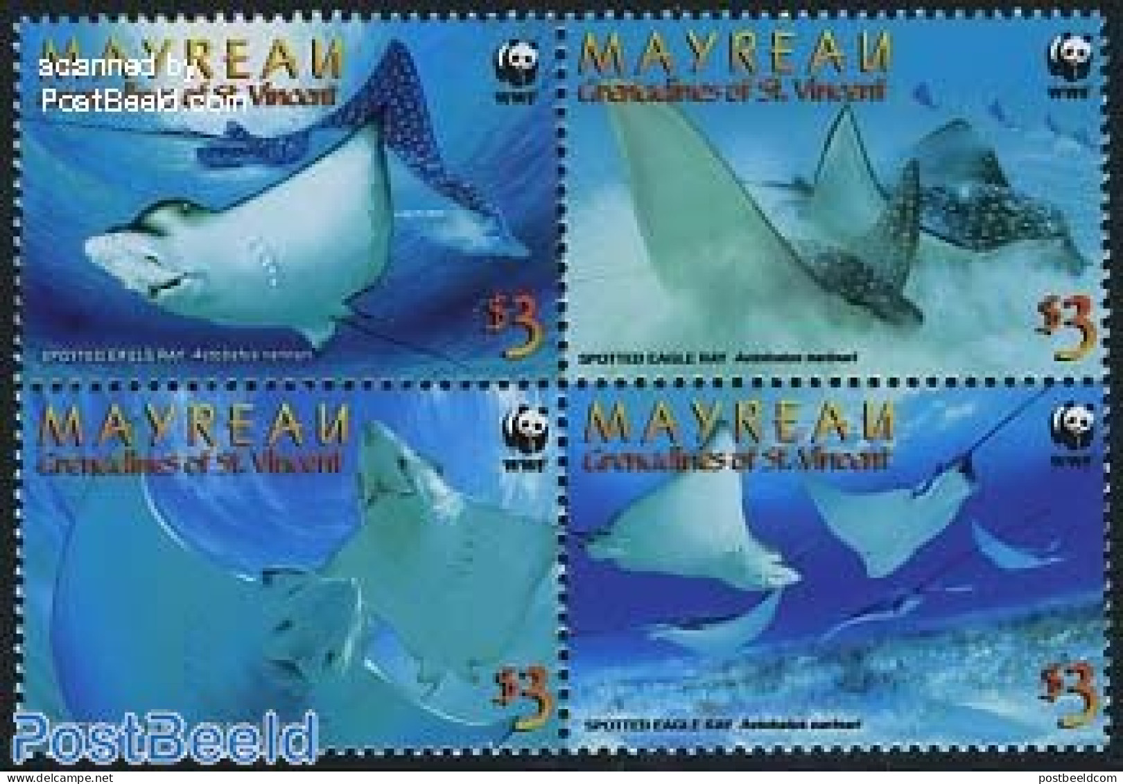 Saint Vincent & The Grenadines 2009 WWF, Spotted Eagle Ray 4v, Mint NH, Nature - Fish - World Wildlife Fund (WWF) - Fische