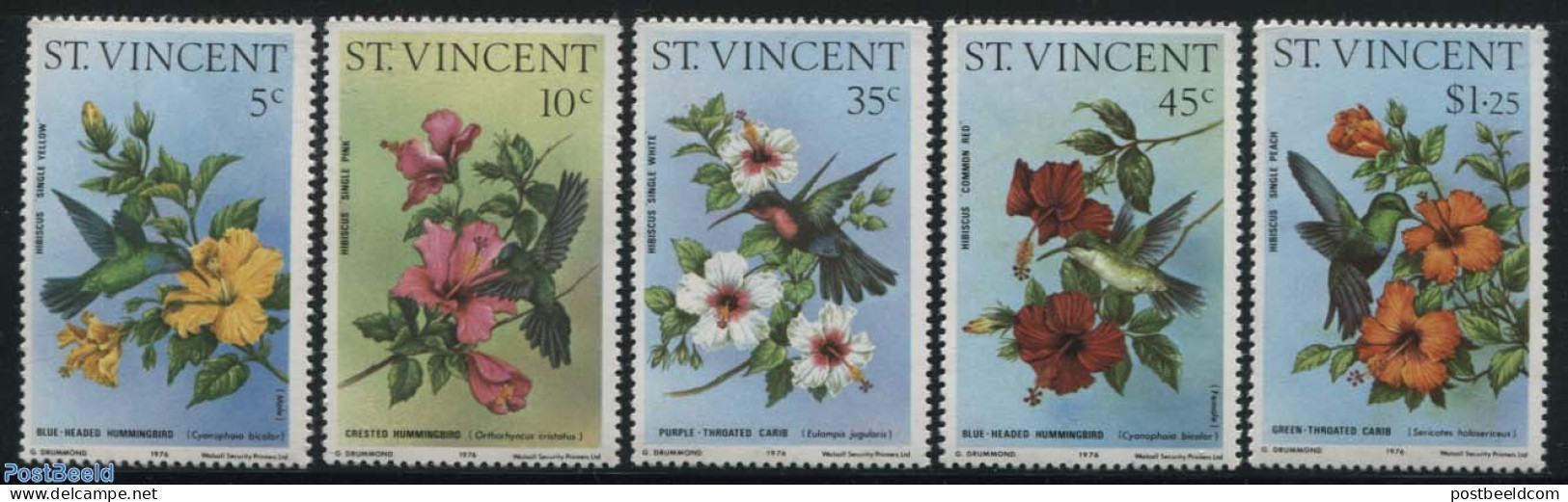 Saint Vincent 1976 Hummingbirds, Hibiscus 5v, Mint NH, Nature - Birds - Flowers & Plants - St.Vincent (1979-...)