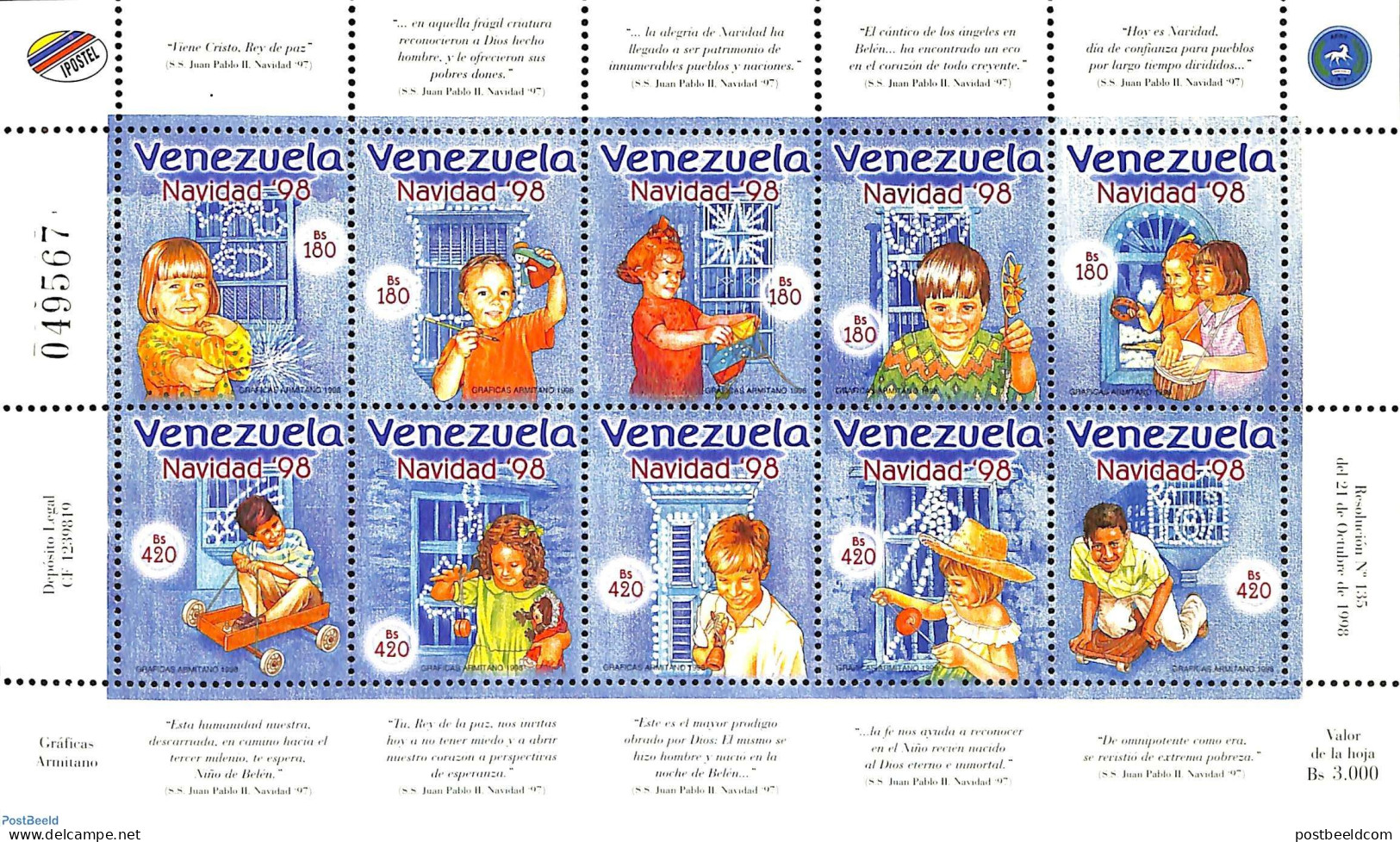 Venezuela 1998 Christmas 10v M/s, Mint NH, Religion - Christmas - Kerstmis