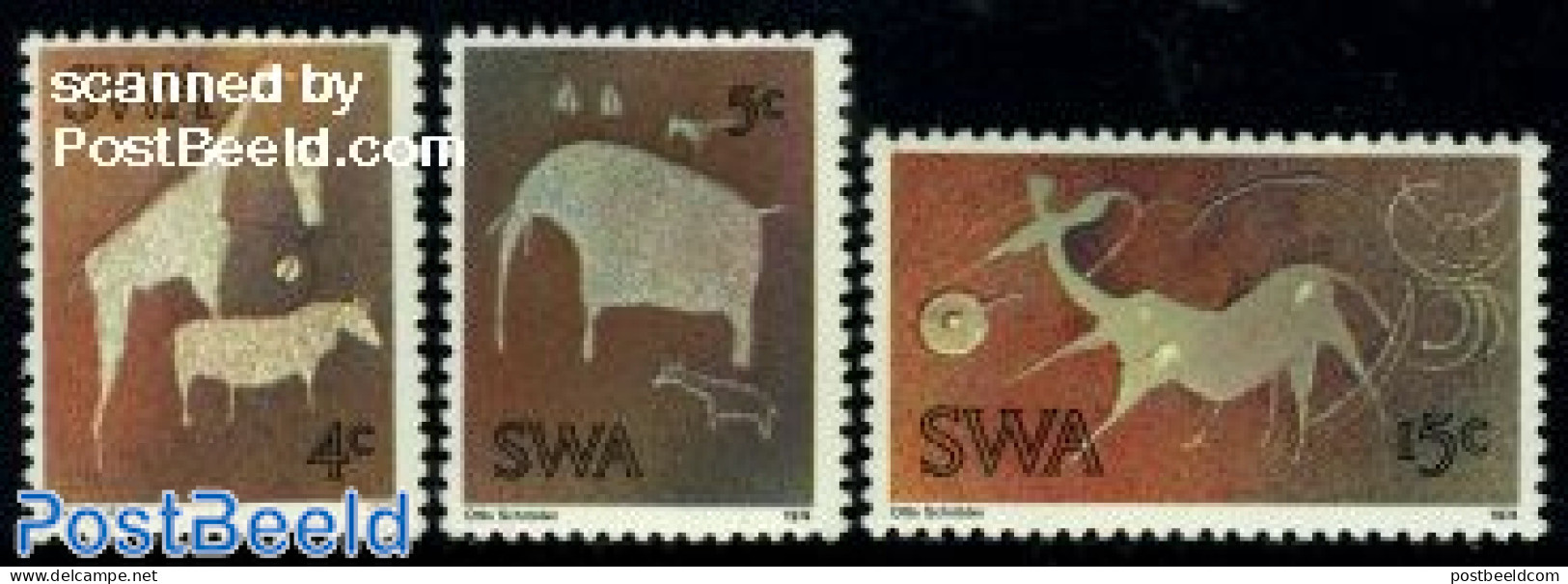 South-West Africa 1974 Cave Paintings 3v, Mint NH, Nature - Animals (others & Mixed) - Elephants - Giraffe - Art - Cav.. - Vor- Und Frühgeschichte