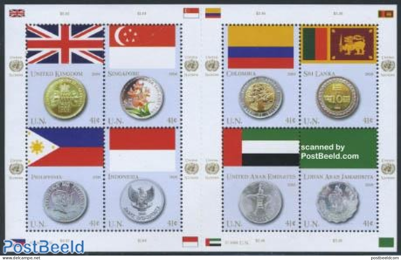 United Nations, New York 2008 Flags & Coins 8v M/s, Mint NH, History - Nature - Various - Flags - Flowers & Plants - H.. - Coins