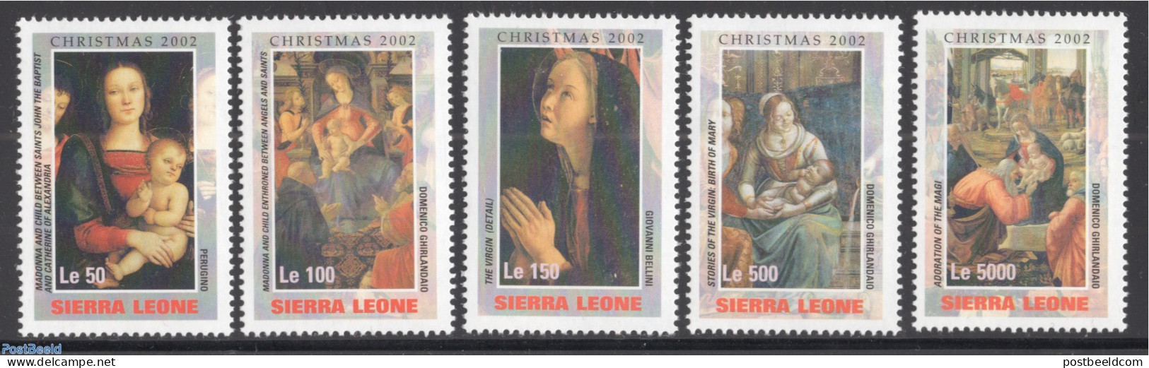 Sierra Leone 2002 Christmas 5v, Mint NH, Religion - Christmas - Art - Paintings - Noël
