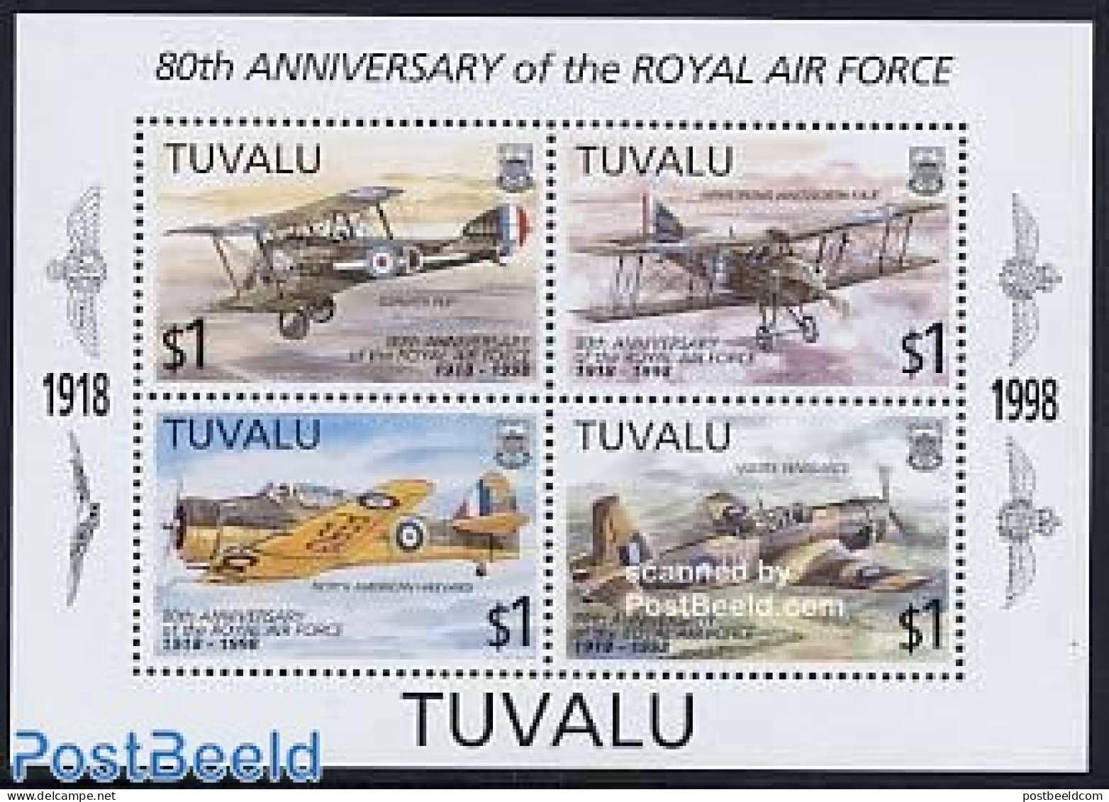 Tuvalu 1998 80 Years R.A.F. S/s, Mint NH, Transport - Aircraft & Aviation - Airplanes