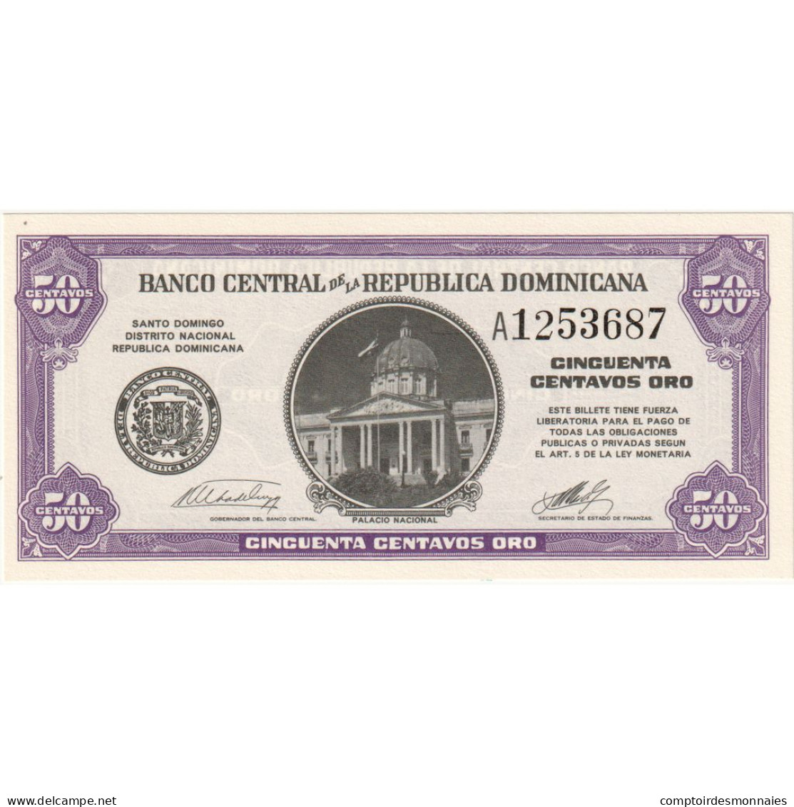 République Dominicaine, 50 Centavos Oro, Undated (1961), KM:89a, NEUF - Dominicaanse Republiek