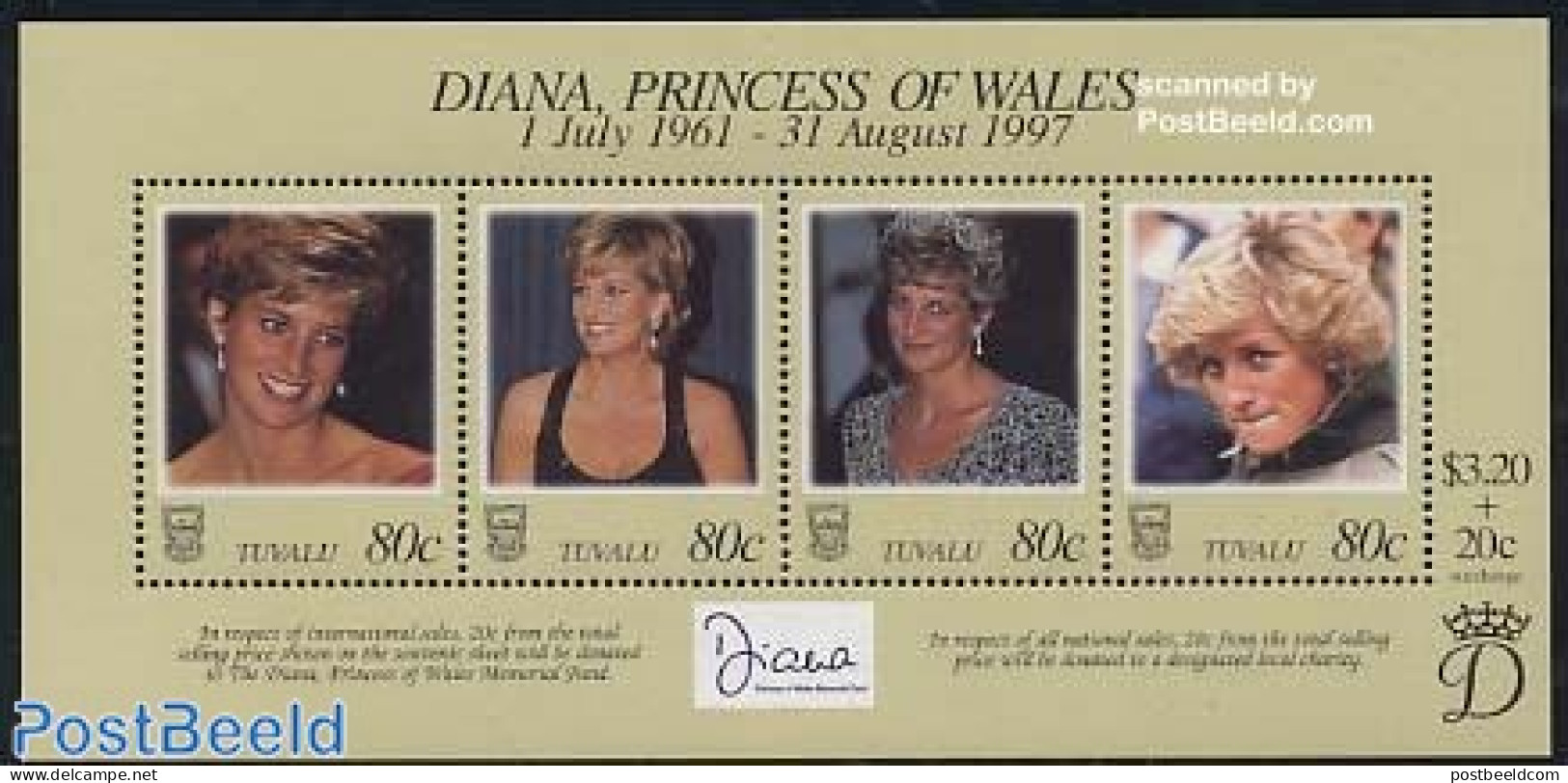 Tuvalu 1998 Death Of Diana S/s, Mint NH, History - Charles & Diana - Kings & Queens (Royalty) - Koniklijke Families