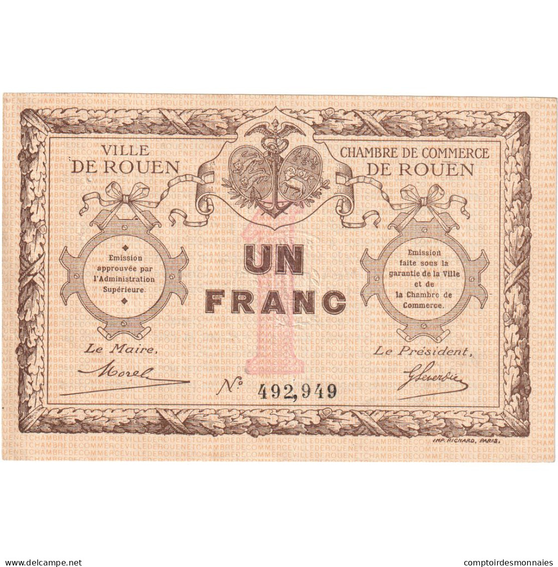 France, Rouen, 1 Franc, TTB, Pirot:110-3 - Chamber Of Commerce