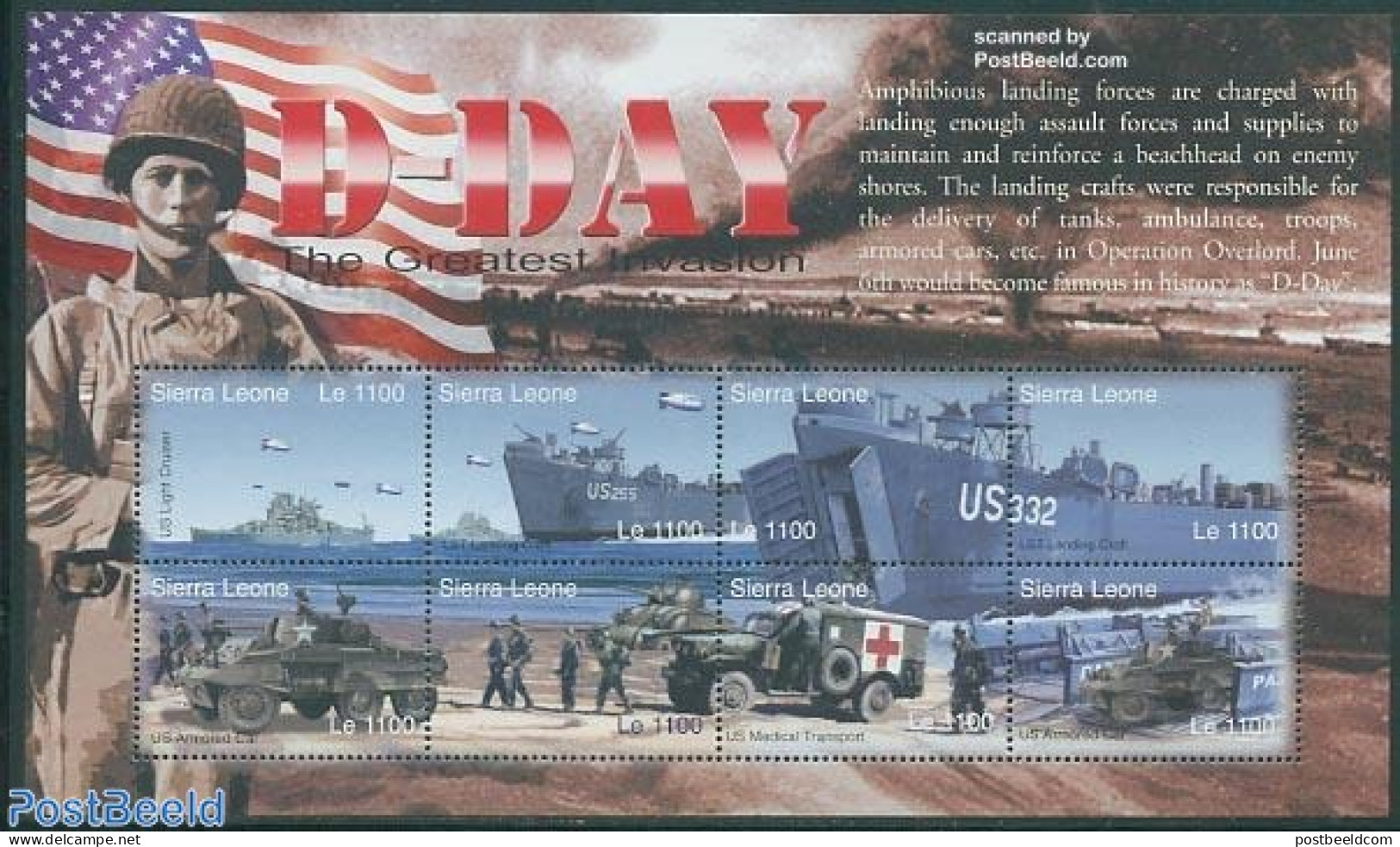Sierra Leone 2004 D-Day 8v M/s, US Light Cruiser, Mint NH, History - Transport - Militarism - World War II - Automobil.. - Militaria