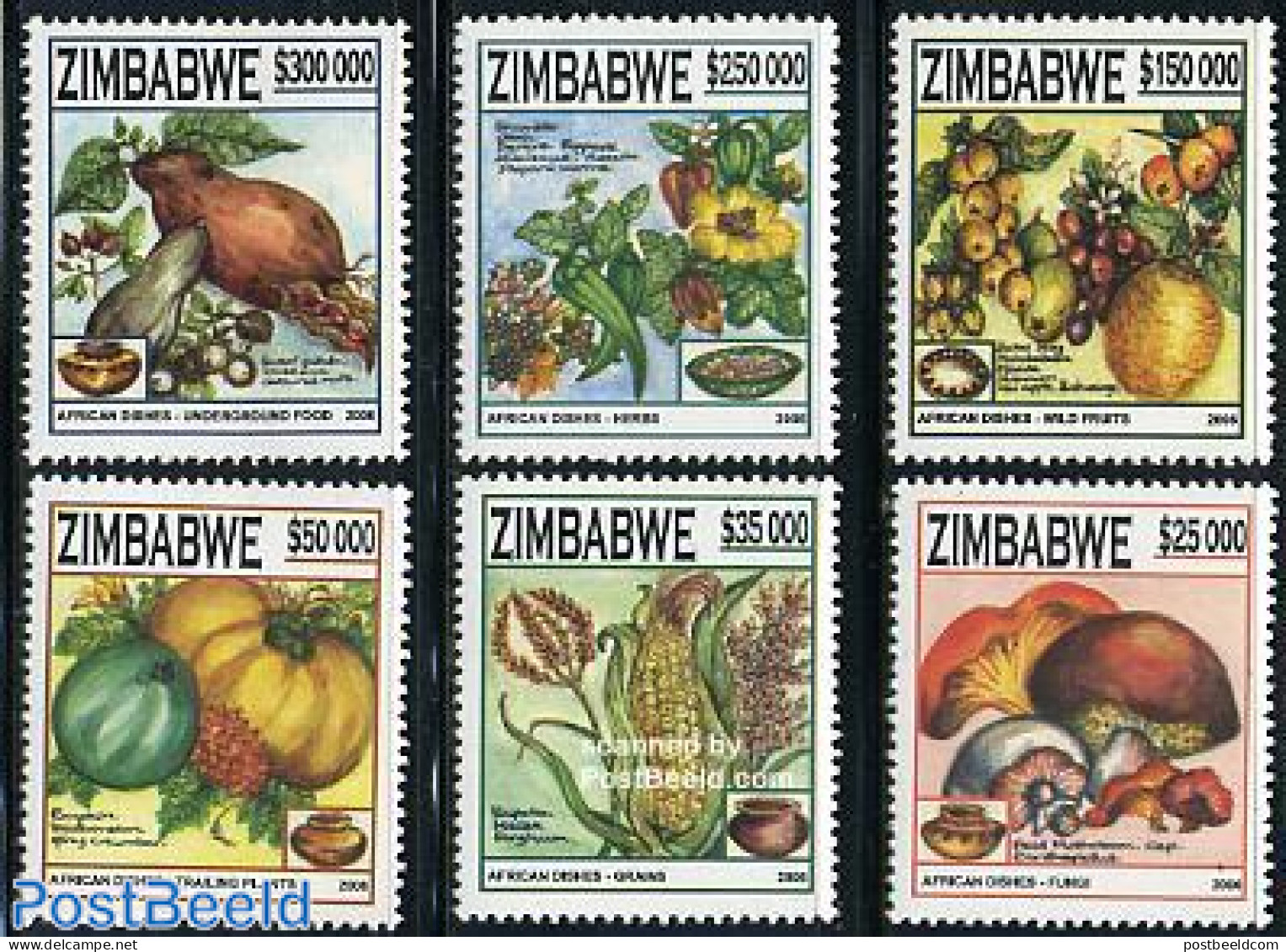 Zimbabwe 2006 Food 6v, Mint NH, Health - Nature - Food & Drink - Fruit - Mushrooms - Ernährung