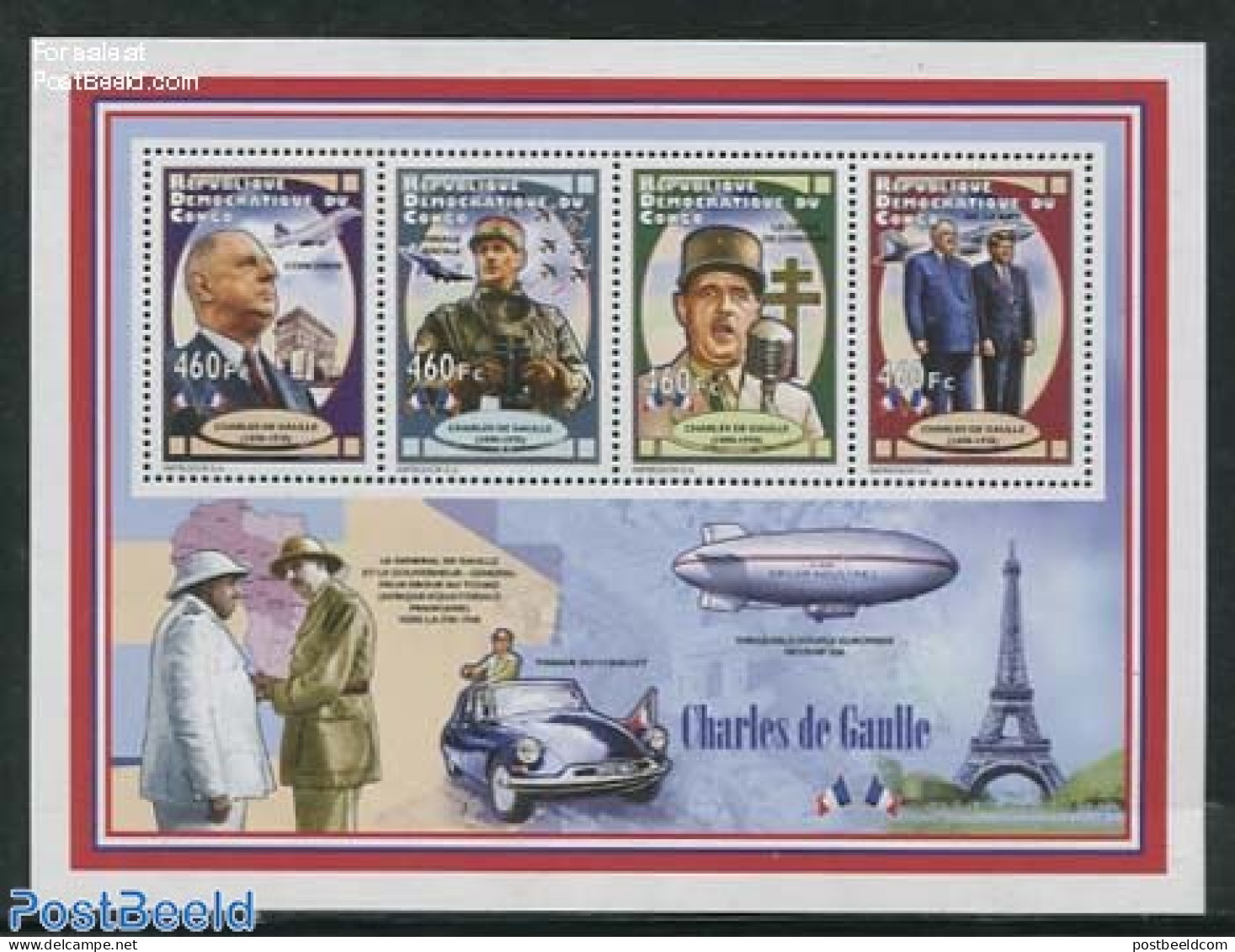 Congo Dem. Republic, (zaire) 2012 Charles De Gaulle 4v M/s, Mint NH, History - Transport - Politicians - Automobiles -.. - Auto's