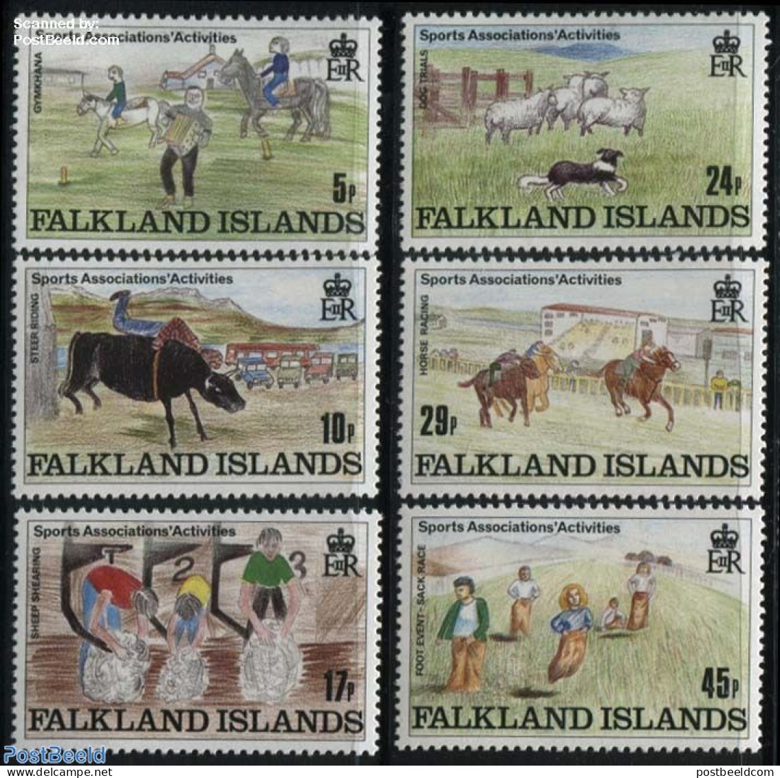 Falkland Islands 1989 Sports 6v, Mint NH, Nature - Performance Art - Sport - Cattle - Dogs - Horses - Music - Sport (o.. - Musique