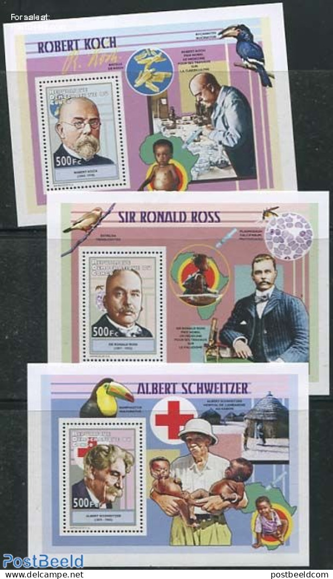 Congo Dem. Republic, (zaire) 2012 Schweitzer, Koch, Ross 3 S/s, Mint NH, Health - Health - Red Cross - Rode Kruis
