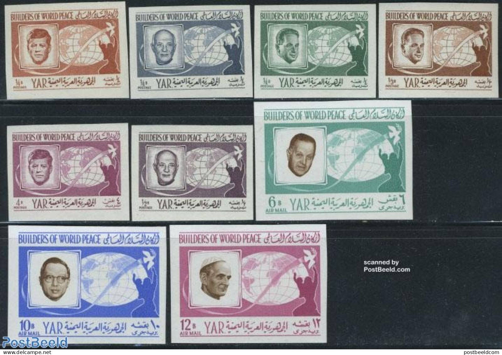 Yemen, Arab Republic 1966 Famous Persons 9v Imperforated, Mint NH, History - Religion - Various - American Presidents .. - Päpste