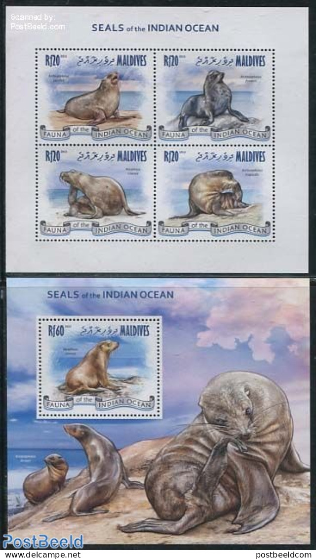 Maldives 2013 Seals Of The Indian Ocean 2 S/s, Mint NH, Nature - Sea Mammals - Malediven (1965-...)
