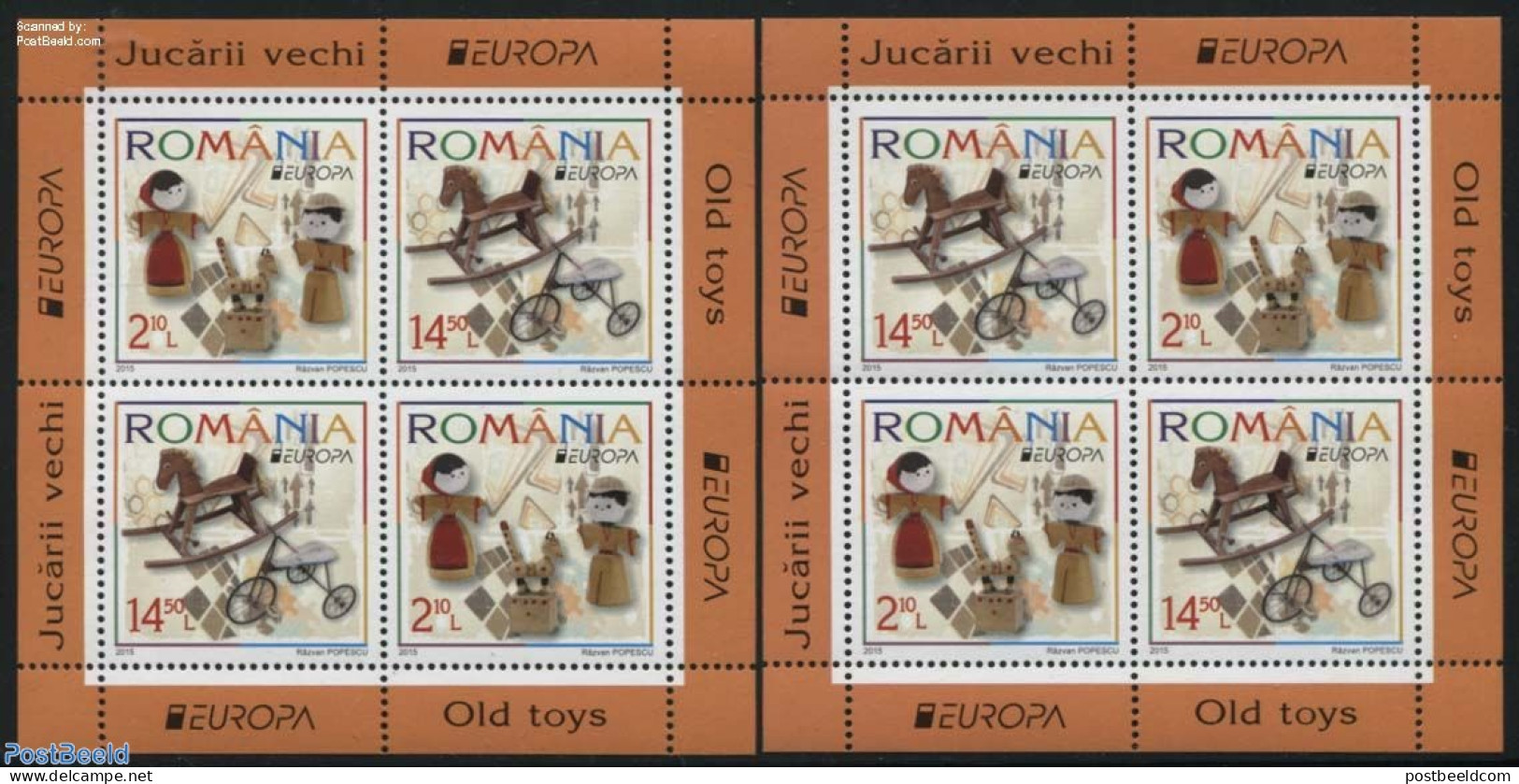 Romania 2015 Europa, Old Toys 2 S/s, Mint NH, History - Nature - Sport - Various - Europa (cept) - Horses - Cycling - .. - Nuovi