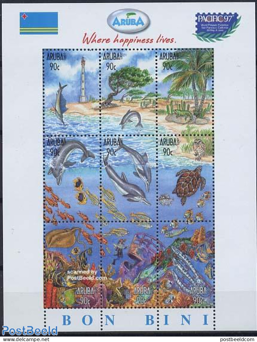 Aruba 1997 Pacific 97, Marine Life 9v M/s, Unused (hinged), Nature - Various - Birds - Fish - Owls - Sea Mammals - Tur.. - Poissons