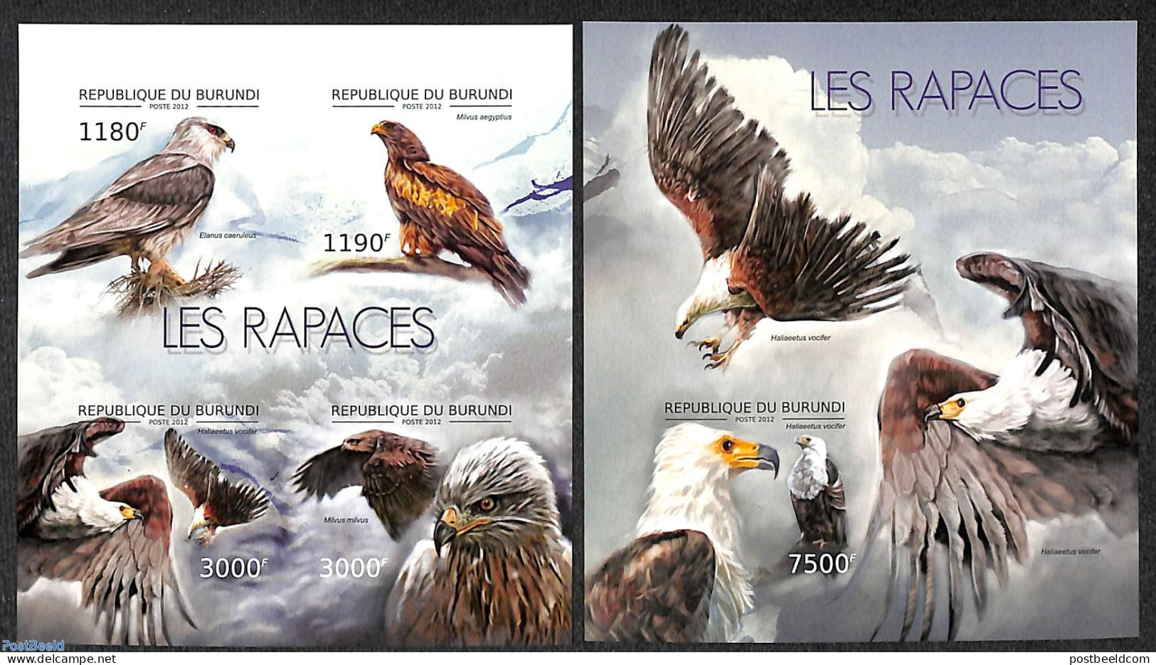 Burundi 2012 Raptors  2 S/s, Imperforated, Mint NH, Nature - Birds - Birds Of Prey - Other & Unclassified