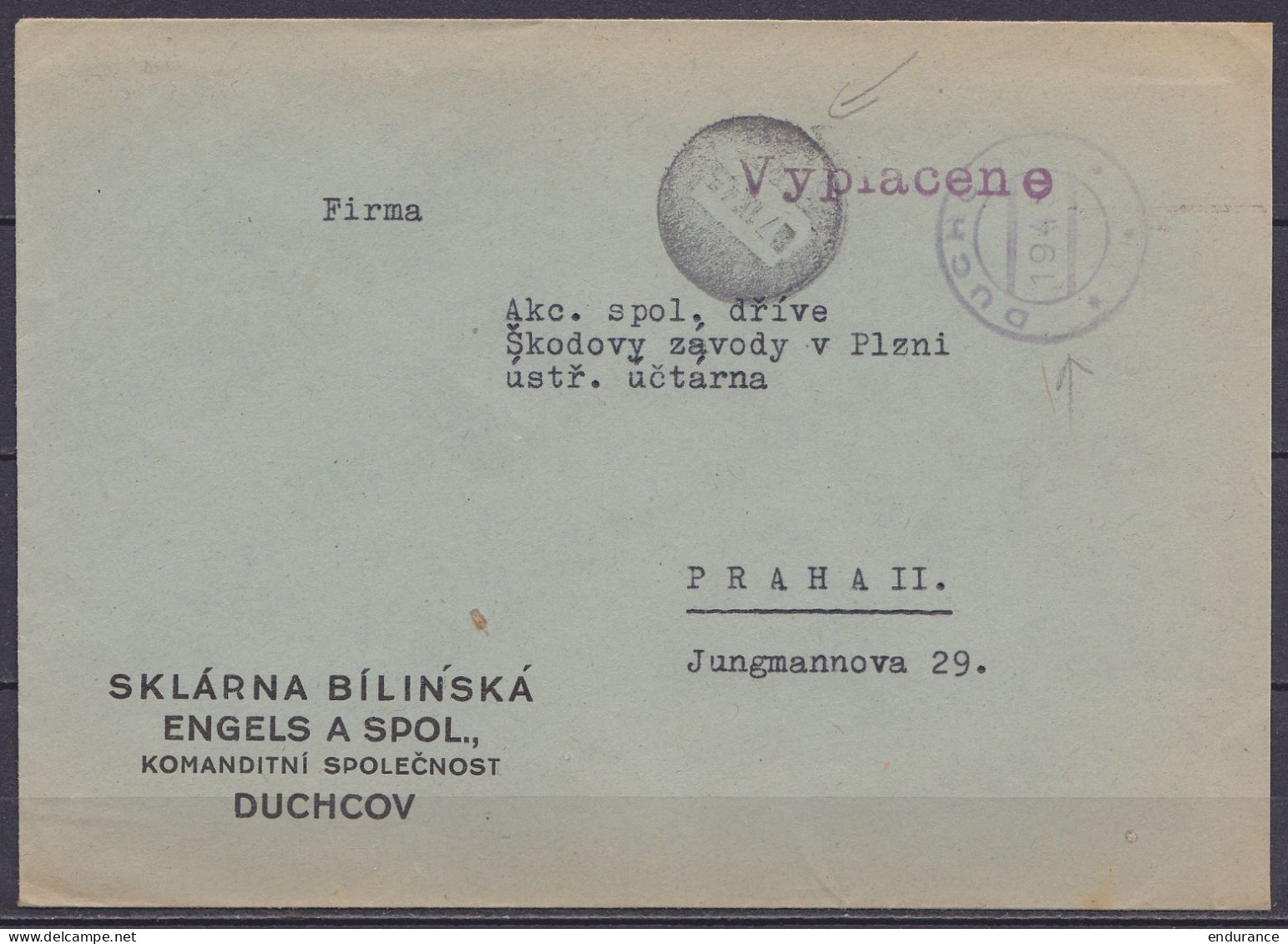 Tchécoslovaquie - Env. Non-affr. Càd Fortune "DUCHOV /1945" & Griffe "Vyplacene" (port Payé) Pour PRAHA II - Briefe U. Dokumente