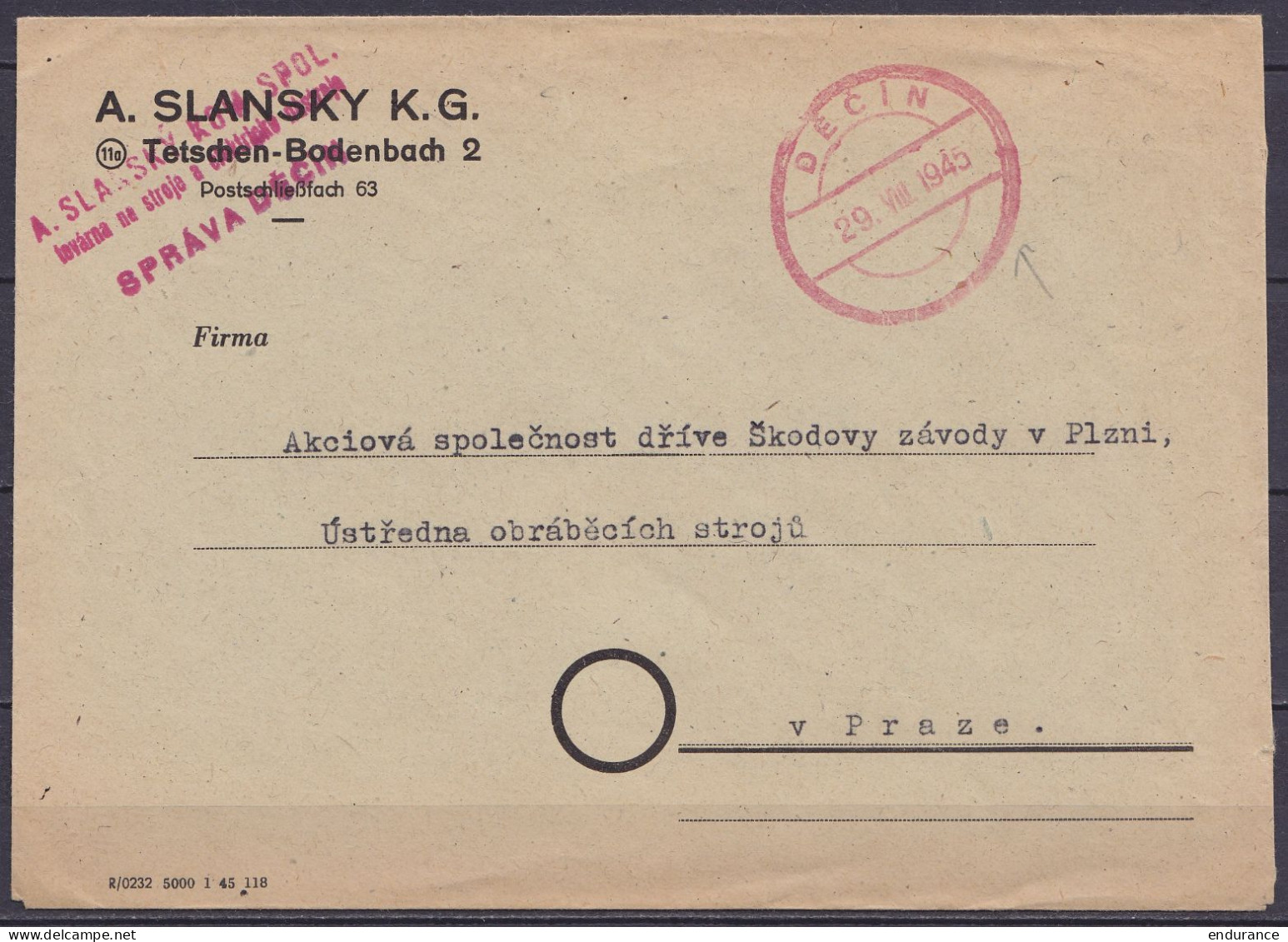 Tchécoslovaquie - Env. Non-affr. Càpt DECIN /29.VIII 1945 Pour PRAZE - Lettres & Documents