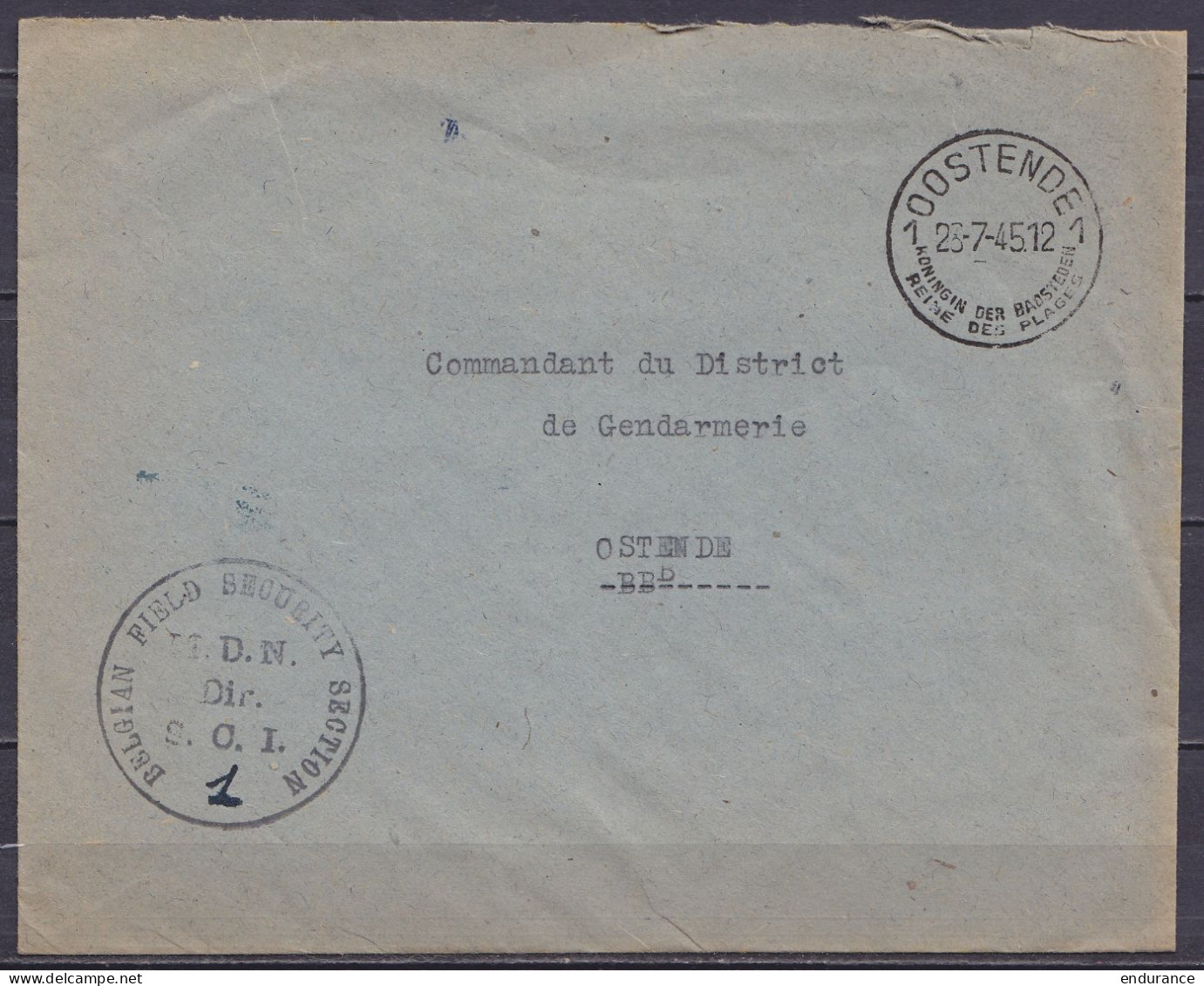 Env. En Franchise S.M. Càd OOSTENDE /23-7-1945 Pour Gendarmerie De OSTENDE - Cachet "BELGIAN FIELD SECURITY SECTION / M. - Guerra '40-'45 (Storia Postale)