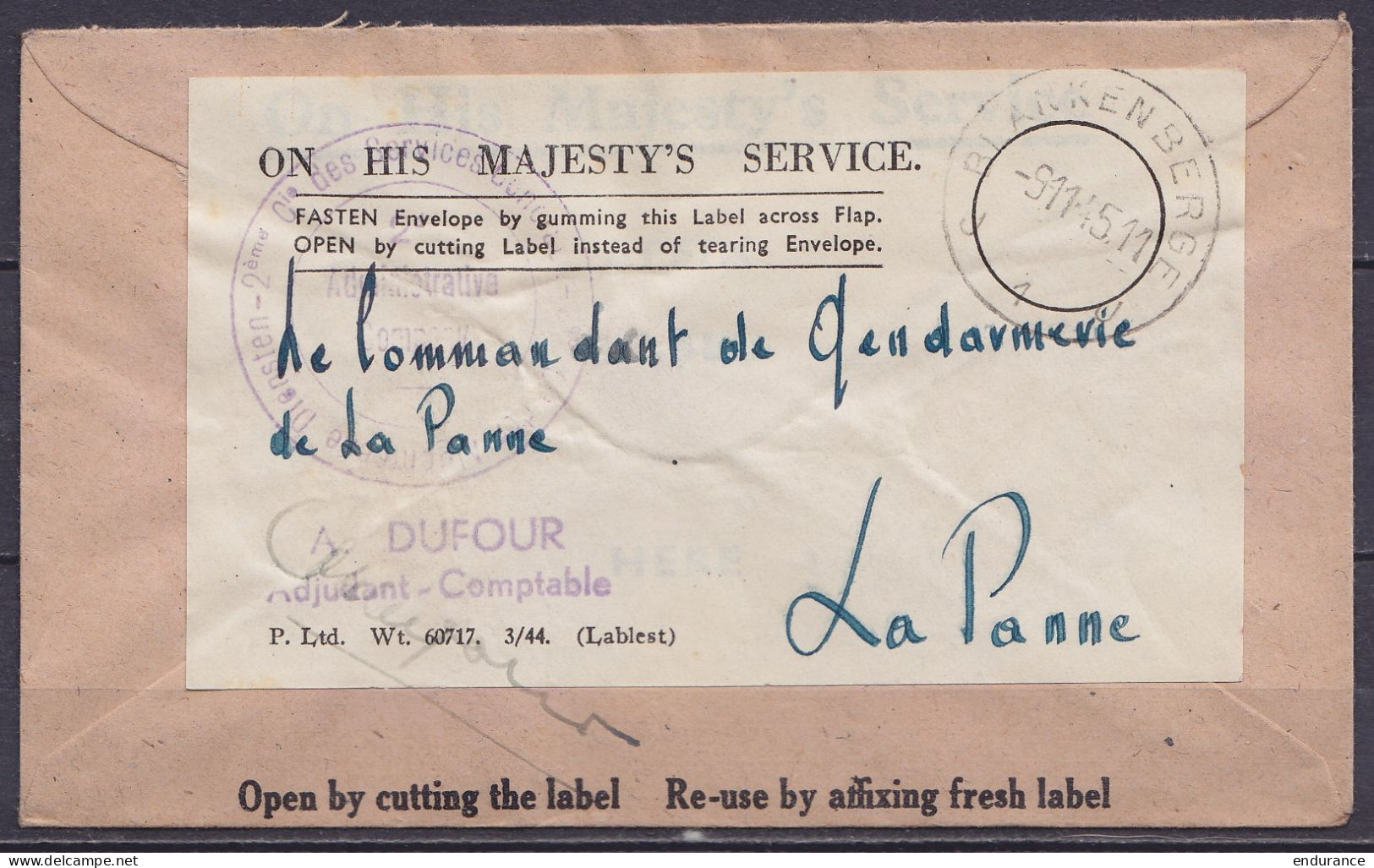 Env. UK En Franchise S.M. Càd BLANKENBERGE /-9.11.1945 Pour Gendarmerie De LA PANNE - Cachet "2e Cie Des Services Généra - WW II (Covers & Documents)