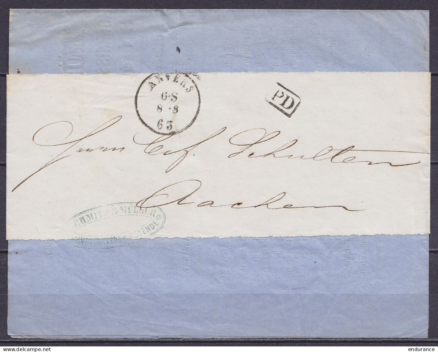 Imprimés Sous Bande Càd ANVERS /8.8 1863 Pour AACHEN - [PD] (au Dos: Port & Càd Arrivée "AUSG. N1 /9/8") - 1863-1864 Medallions (13/16)